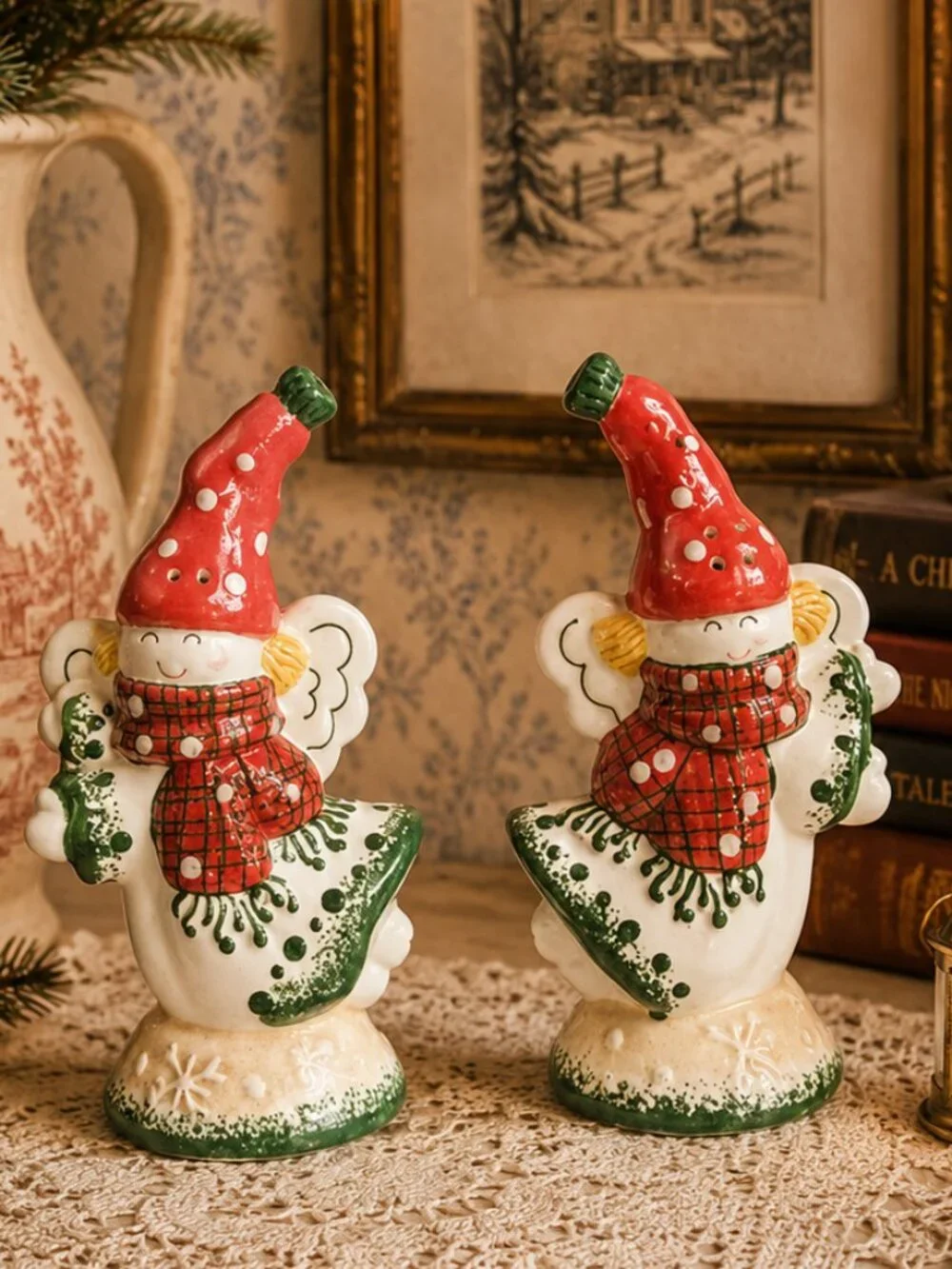 Rare Charming Vintage Snow Angels Ceramic Salt and Pepper Shakers Set